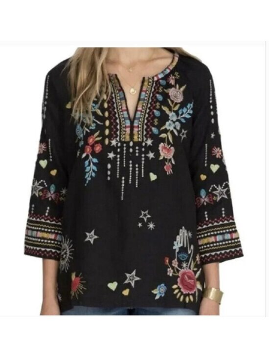 Johnny Was Tops - Johnny Was Maris Linen split line Peasant blouse Black NWT - Size XS